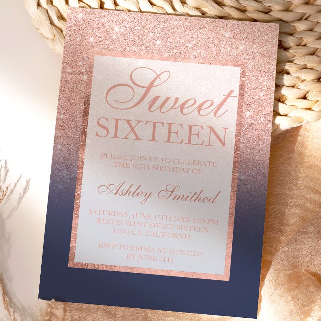 Rose gold glitter elegant navy blue chic Sweet 16 Invitation (Creator Uploaded)