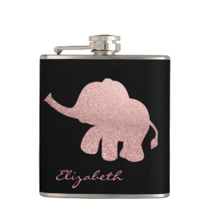 Rose Gold Glitter Elephant, Black - Personalized Hip Flask