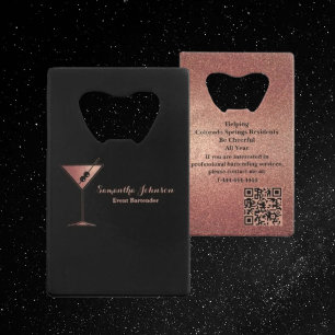 Rose Gold Glitter Event Bartender QR Code Credit Card Bottle Opener