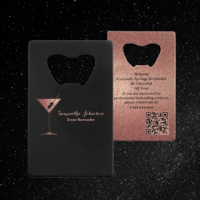 Rose Gold Glitter Event Bartender QR Code Credit Card Bottle Opener (Creator Uploaded)