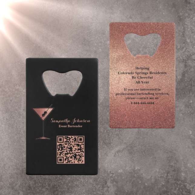 Rose Gold Glitter Event Bartender QR Code Credit Card Bottle Opener (Creator Uploaded)