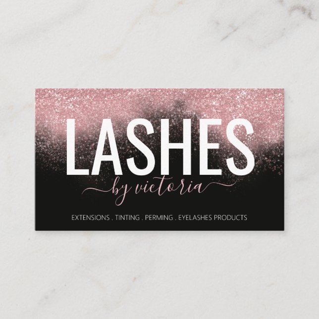 Rose Gold Glitter Eyelashes Technician Black Pink Business Card (Front)