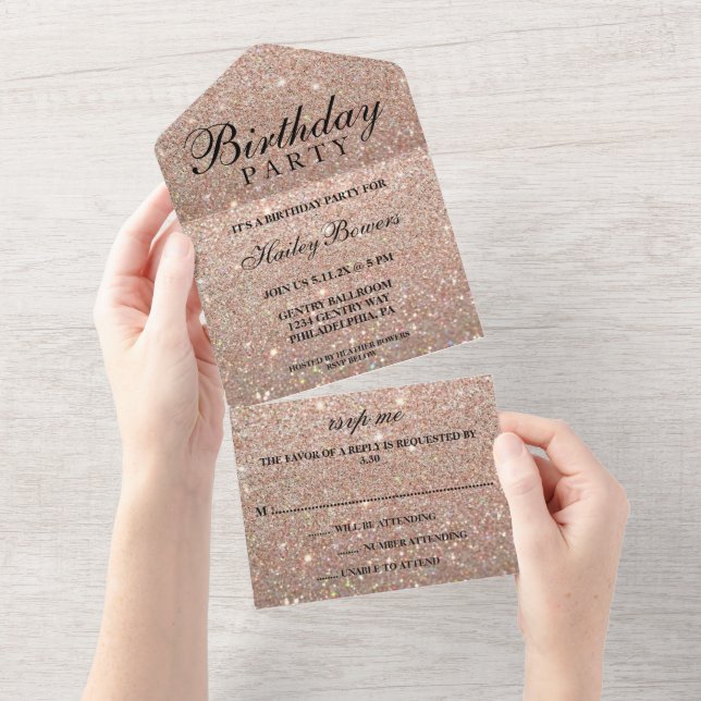 Rose Gold Glitter Fab Birthday Party All In One Invitation (Tearaway)