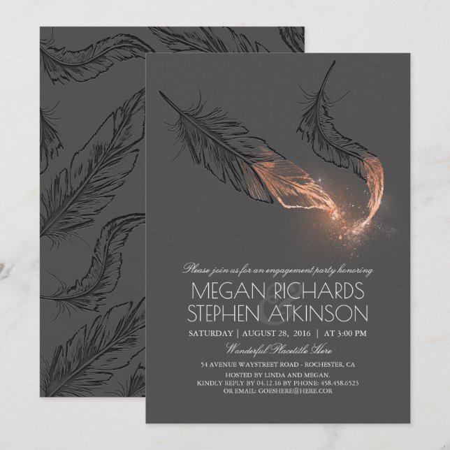 Rose Gold Glitter Feathers Engagement Party Invitation (Front/Back)