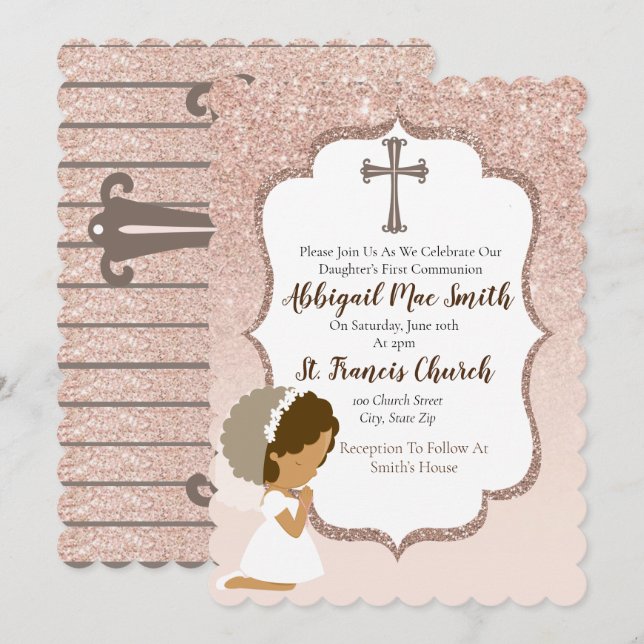 Rose Gold Glitter First Communion Invitation (Front/Back)