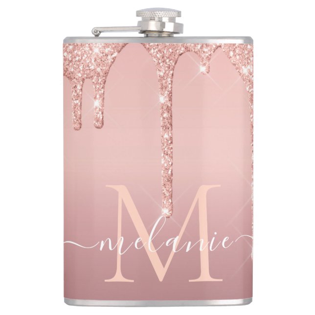 Rose Gold Glitter Flask Custom Name and Letter (Front)