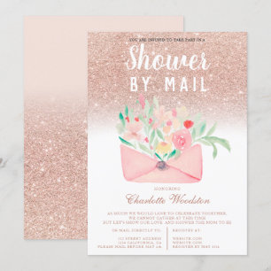 Rose gold glitter floral baby shower by mail invitation
