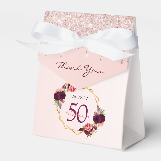 Rose gold glitter floral birthday favor box (Front Side)