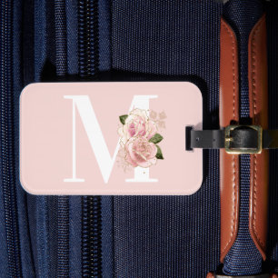 Rose Gold Glitter Floral Blush and White Monogram Luggage Tag