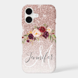 Rose Gold Glitter Floral Blush Monogram Name