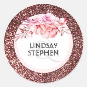 Rose Gold Glitter Floral Blush Wedding Classic Round Sticker