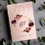 Rose gold glitter floral burgundy monogram planner<br><div class="desc">A rose gold background with elegant faux rose gold glitter drips,  paint drip look. Decorated with a faux gold geometric frame and burgundy and pink flowers,  florals. Personalize and add your monogram letters,  initials and a text,  title. Perfect for school,  work or organizing your personal/family life.</div>