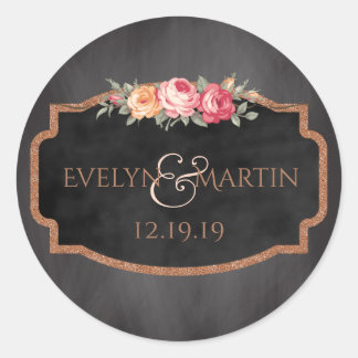 Rose Gold Glitter Floral Chalkboard Wedding Favour Classic Round Sticker