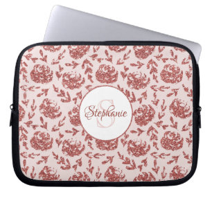 Rose Gold Glitter Floral Monogram Personalized Laptop Sleeve