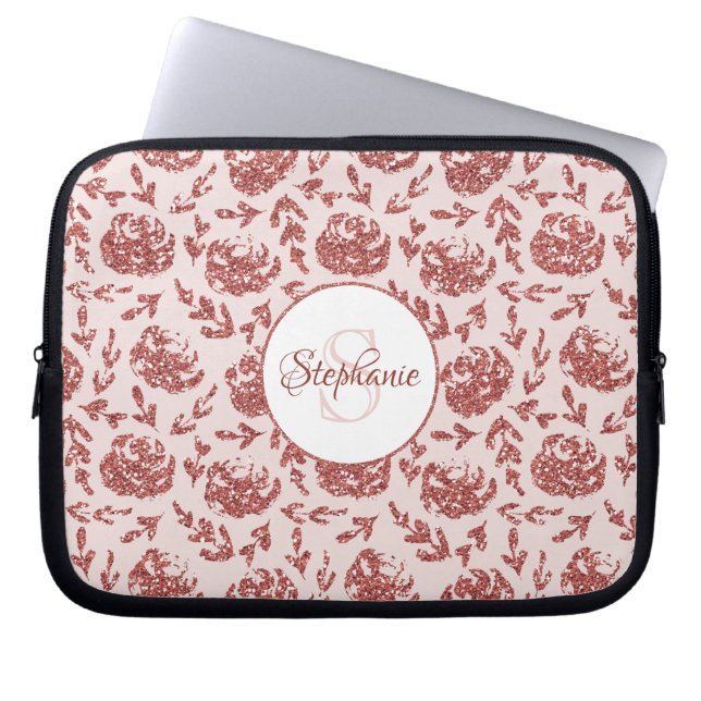 Rose Gold Glitter Floral Monogram Personalized Laptop Sleeve (Front)