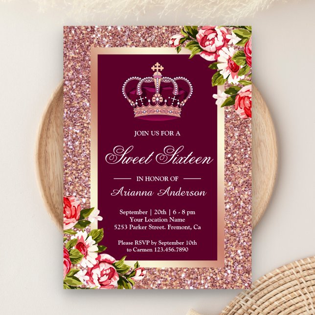 Rose Gold Glitter Floral Princess Sweet Sixteen Invitation (Creator Uploaded)