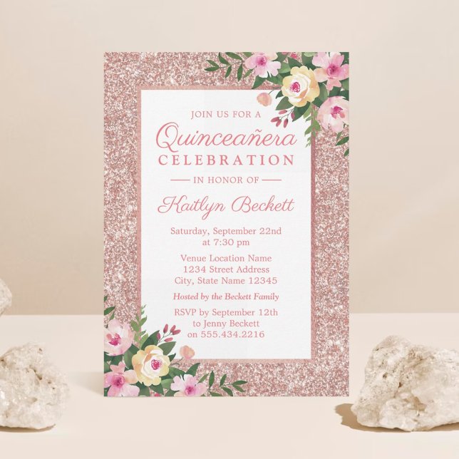 Rose Gold Glitter Floral Quinceañera 15th Birthday Invitation (Creator Uploaded)