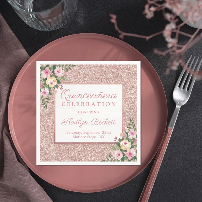 Rose Gold Glitter Floral Quinceañera 15th Birthday Napkin (Creator Uploaded)