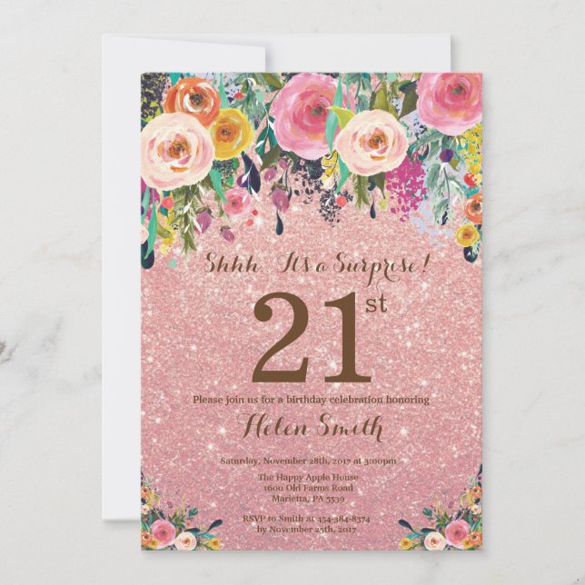 Rose Gold Glitter Floral Surprise 21st Birthday Invitation (Front)