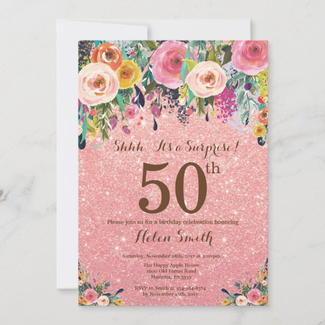 Rose Gold Glitter Floral Surprise 50th Birthday Invitation (Front)