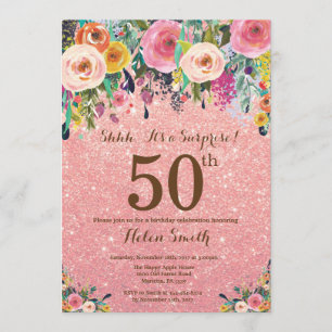 Rose Gold Glitter Floral Surprise 50th Birthday Invitation