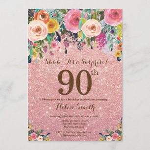 Rose Gold Glitter Floral Surprise 90th Birthday Invitation