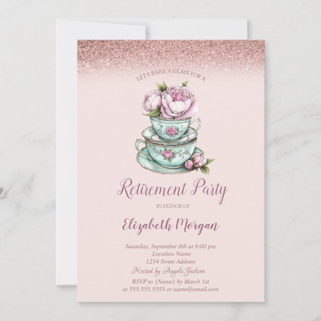 Rose Gold Glitter Floral Tea Cup Retirement  Invitation (Front)