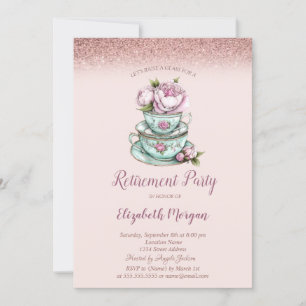 Rose Gold Glitter Floral Tea Cup Retirement Invitation