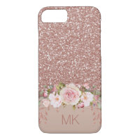 Rose Gold Glitter Floral with Monogram