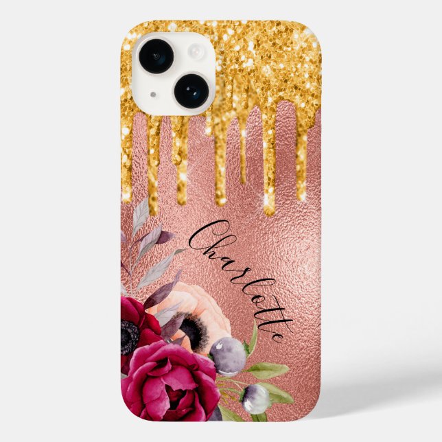 Rose gold glitter florals name Case-Mate iPhone case (Back)