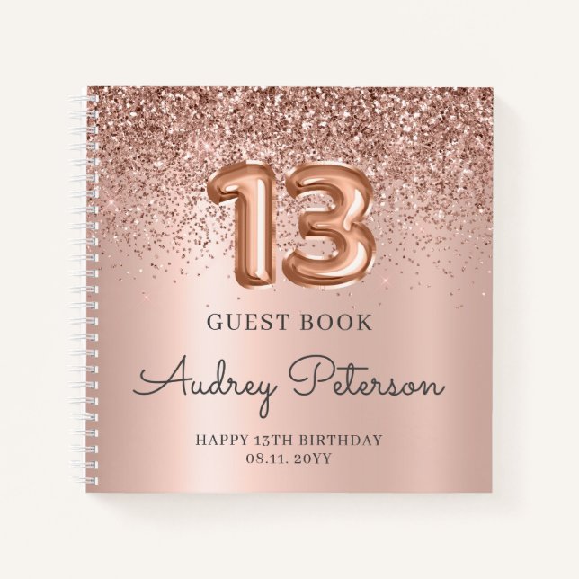 Rose Gold Glitter Foil 13th Birthday Guest Book (Front)