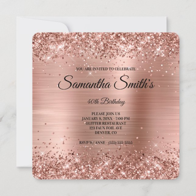 Rose Gold Glitter Foil 40th Birthday Monogram Invitation (Front)