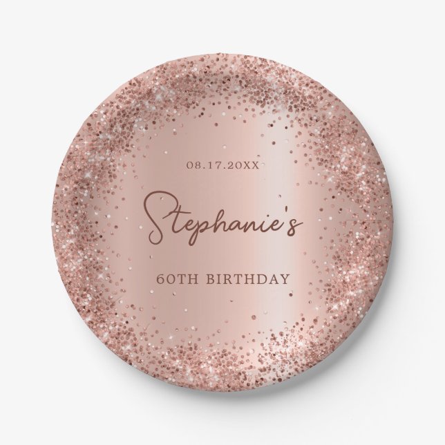 Rose Gold Glitter Foil 60th Birthday Monogram Paper Plate (Front)
