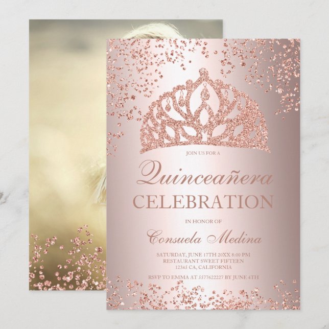 Rose gold glitter foil photo tiara Quinceañera Invitation (Front/Back)