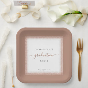 Rose Gold Glitter Frame Name Date Graduation Party Paper Plate