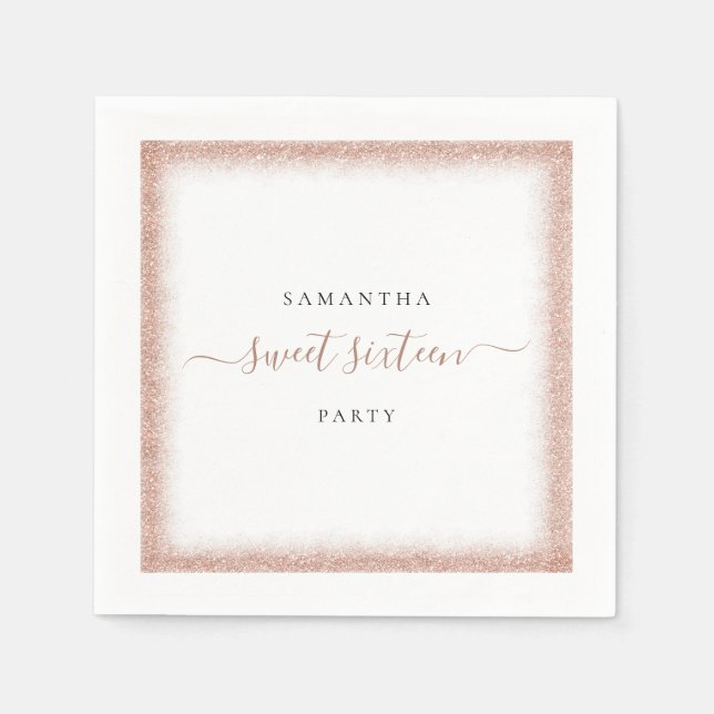 Rose Gold Glitter Frame Name Sweet 16 Party Napkin (Front)