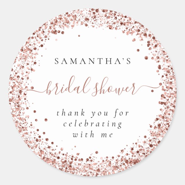 Rose Gold Glitter Frame Name Thanks Bridal Shower Classic Round Sticker (Front)