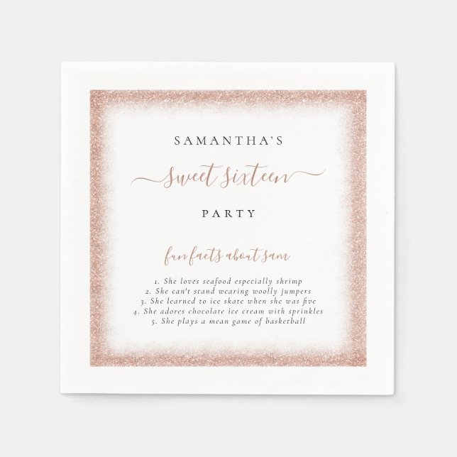 Rose Gold Glitter Fun Facts Name Sweet 16 Party  Napkin (Front)