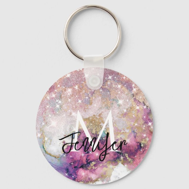 Rose Gold Glitter Galaxy Monogram Custom Name Keychain (Front)