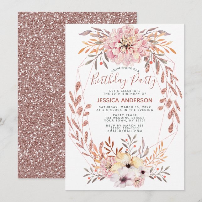 Rose Gold Glitter Geometric Bouquet Birthday Party Invitation (Front/Back)