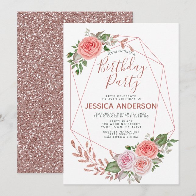 Rose Gold Glitter Geometric Floral Birthday Party Invitation (Front/Back)