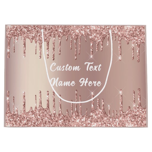 Rose Gold Glitter Gift Bag with Custom Text Name (Front)