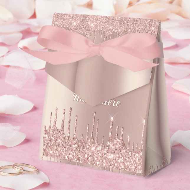 Rose Gold Glitter Gift Boxes with Custom Text Name (Wedding)