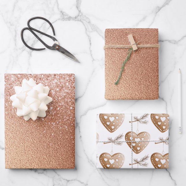 Rose Gold Glitter Gingerbread Heart Birthday Wrapping Paper Sheet (Front)