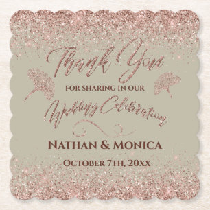 Rose Gold Glitter Gingko Leaves on Grey Mist Paper Coaster