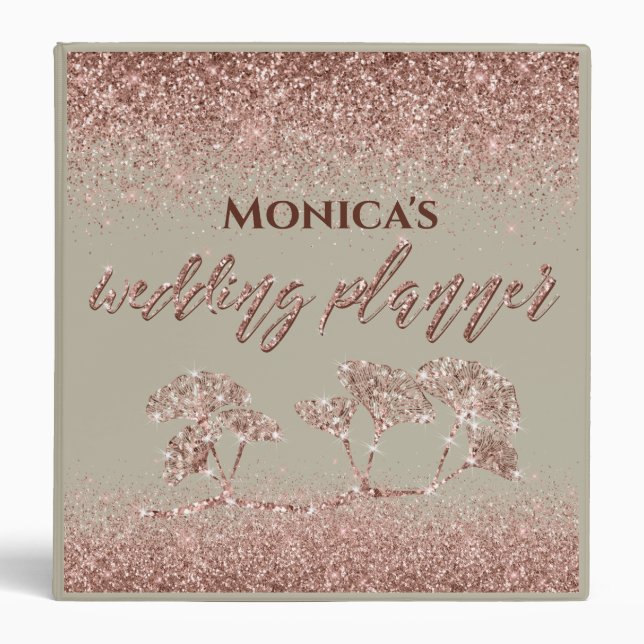Rose Gold Glitter Gingko Leaves Wedding Planner Binder (Front)