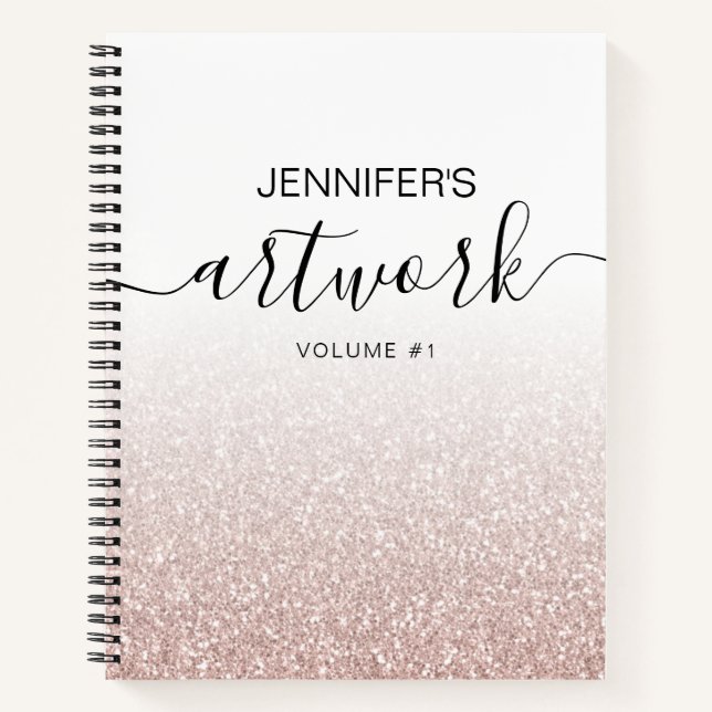 Rose Gold Glitter Girly Ombre Sketchbook Name Notebook (Front)