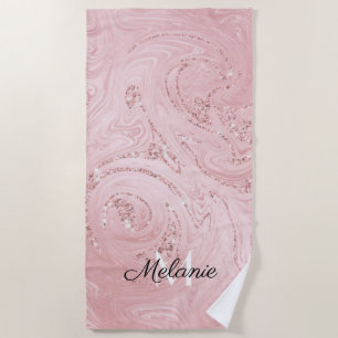 Rose Gold Glitter Girly Sparkle Pink Name Beach T Beach Towel