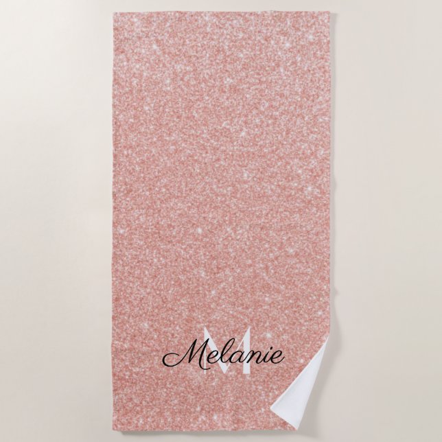 Rose Gold Glitter Girly Sparkle Pink Name  Beach T Beach Towel (Front)