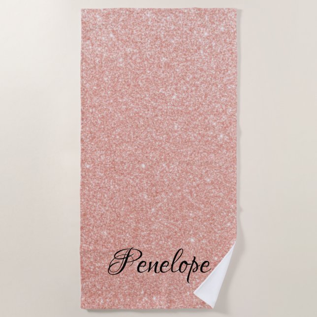 Rose Gold Glitter Girly Sparkle Pink Name Beach Towel (Front)